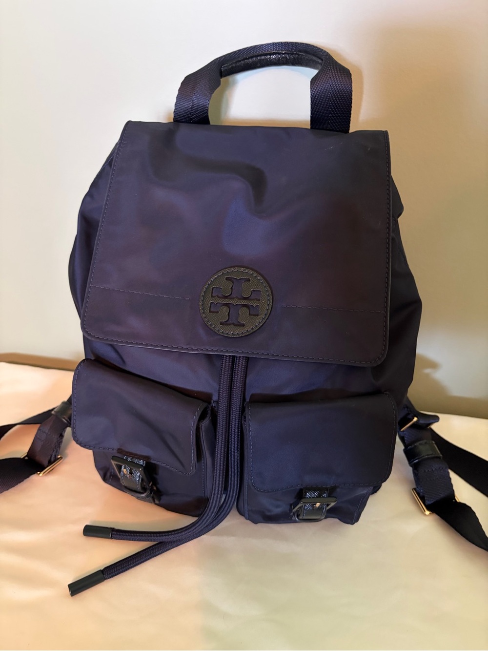 Tory Burch Navy Drawstring Nylon Backpack with Front Pockets